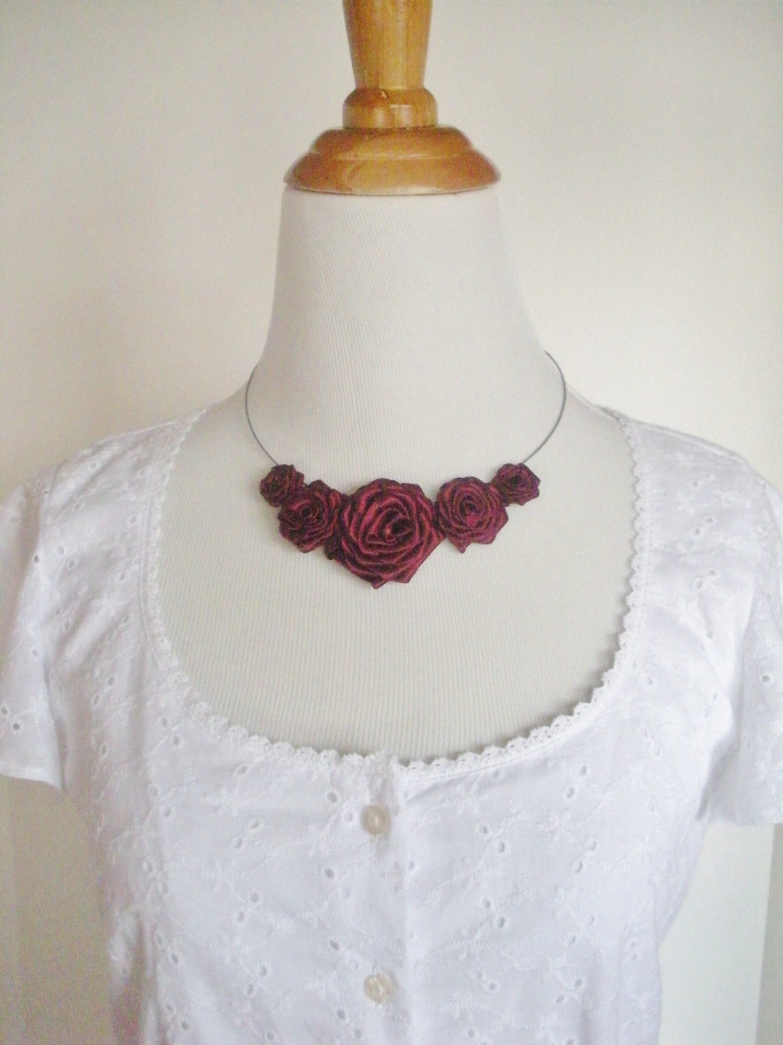 Bordeaux Dark Red Rose Ribbon Necklace