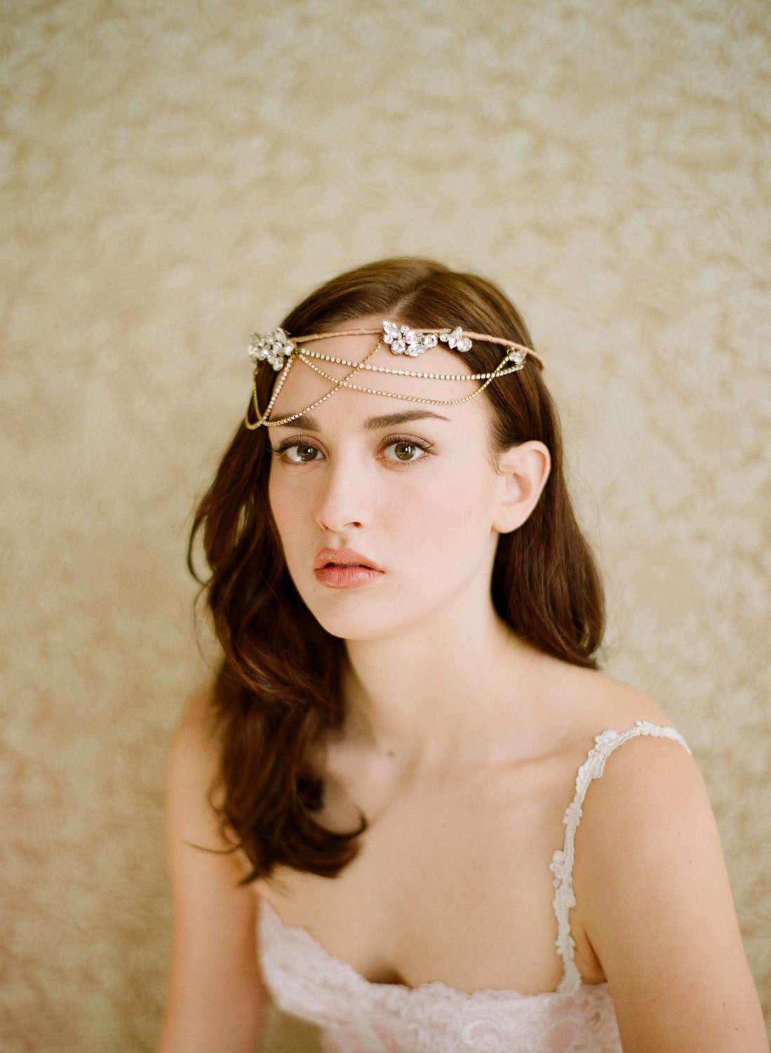 Bridal halo, tiara, headband with rhinestones - Golden whimsy crown with swags - Style 237 Made to Order