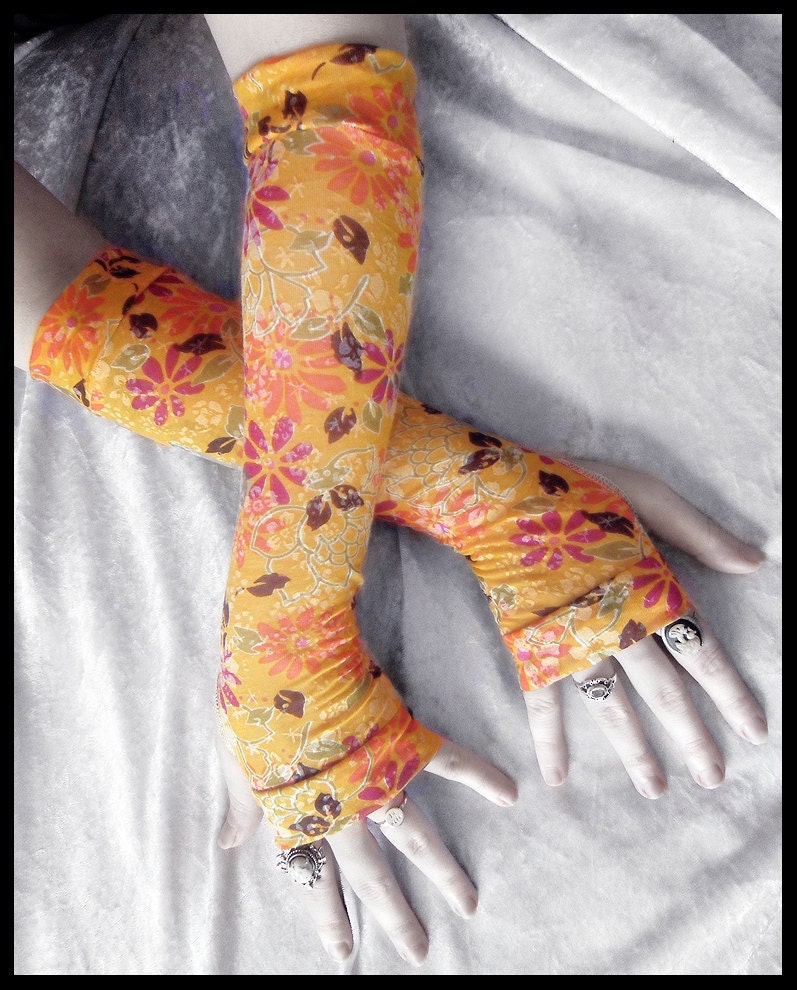 Japanese Spring Arm Warmers - Marigold Yellow Plum Purple Orange Sage Floral Blossom White - Gothic Bellydance Bohemian Light Boho Yoga Goth