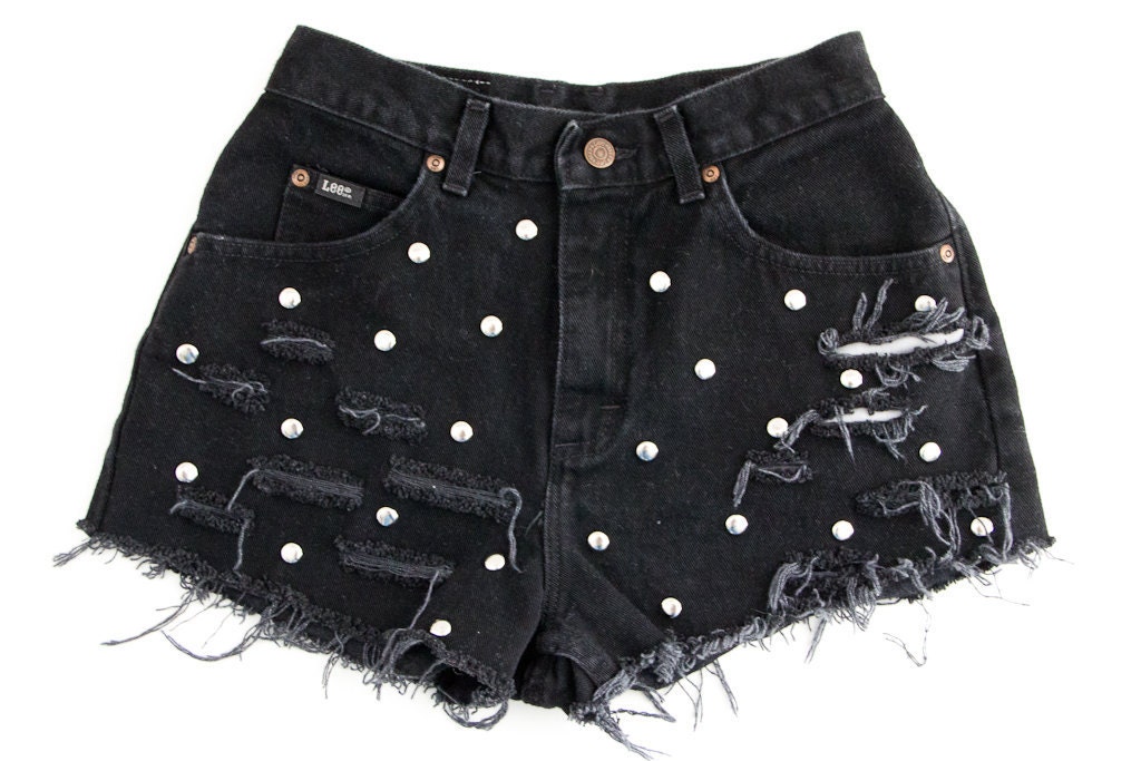 Studded Shorts, Vintage Distressed High Waisted Denim, Upcycled W27