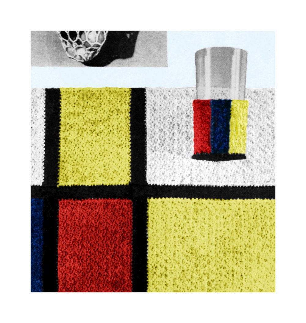 Vintage 1950s Mondrian Color Block Place Mat Coaster Set Mid Century Crochet Pattern PDF