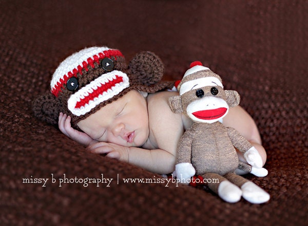 Newborn White, Red & Brown Sock Monkey Earflap Hat with Matching Doll - Photography Prop