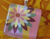 Daisy Sunflower and Rainbow Background Scrabble Tile Glass Pendant