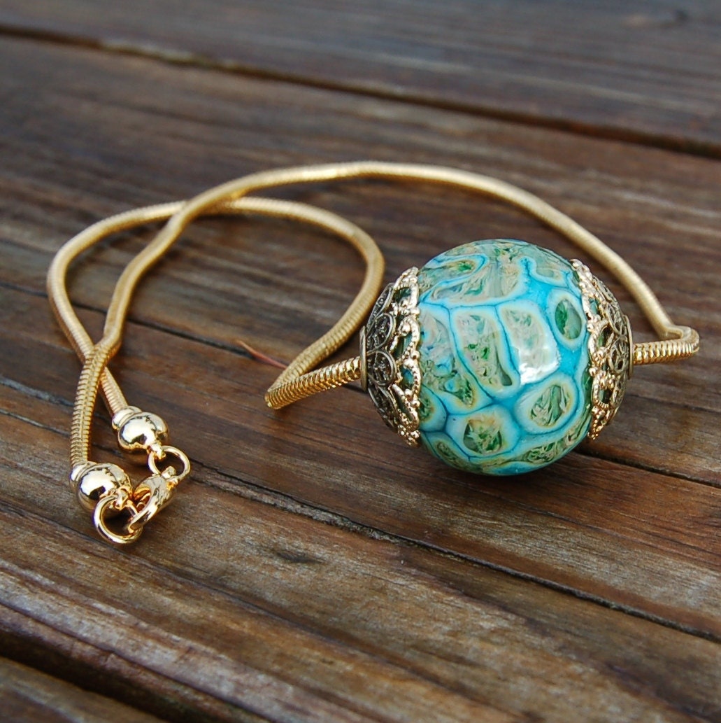 Earth Stone -Brass Cored 'n Capped K O Lampwork Big Hole Bead for Add A Bead Chains WITH Chain