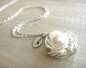 Personalized Birdnest Pendant - 1 Pearl Wrapped in Silver - Choose Your INITIAL - mom, mother, grandmother, kids, children, Mother's Day