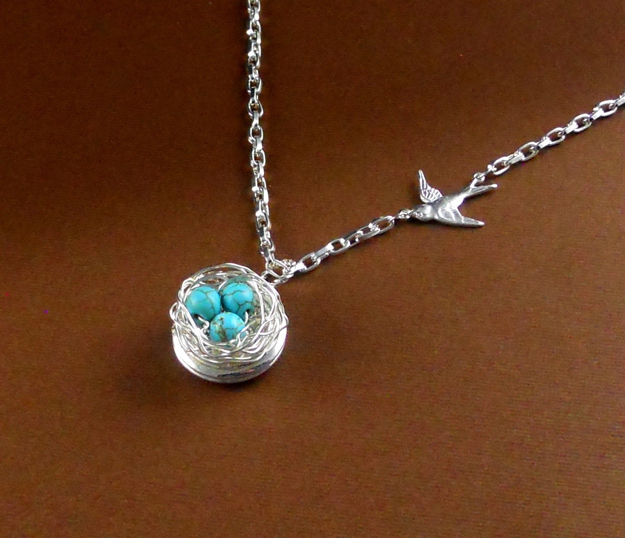Locket Robin Egg Bird Nest Silver Necklace Long Chain