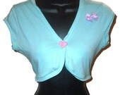 Shrug sweater - Blue - Juniors M/L - Pink heart button - Purple bow - Sweet lolita