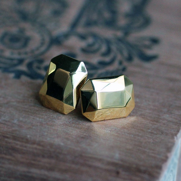 READY TO SHIP, 14k gold plated, Faceted diamond like earrings, emerald cut, eco friendly, Modern Rock earrings