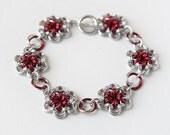 Chainmaille bracelet flower red and silver posy chainmail for women
