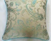 cream throw pillow cover with aqua blue paisey design 18 inch