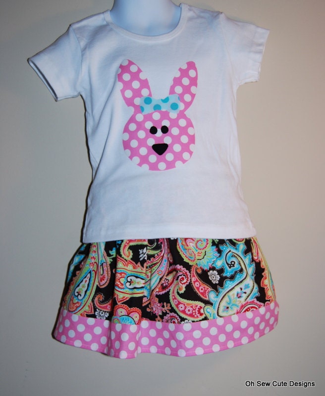 Cute Pink Easter Bunny Tee and Watermelon Paisley Banded Skirt