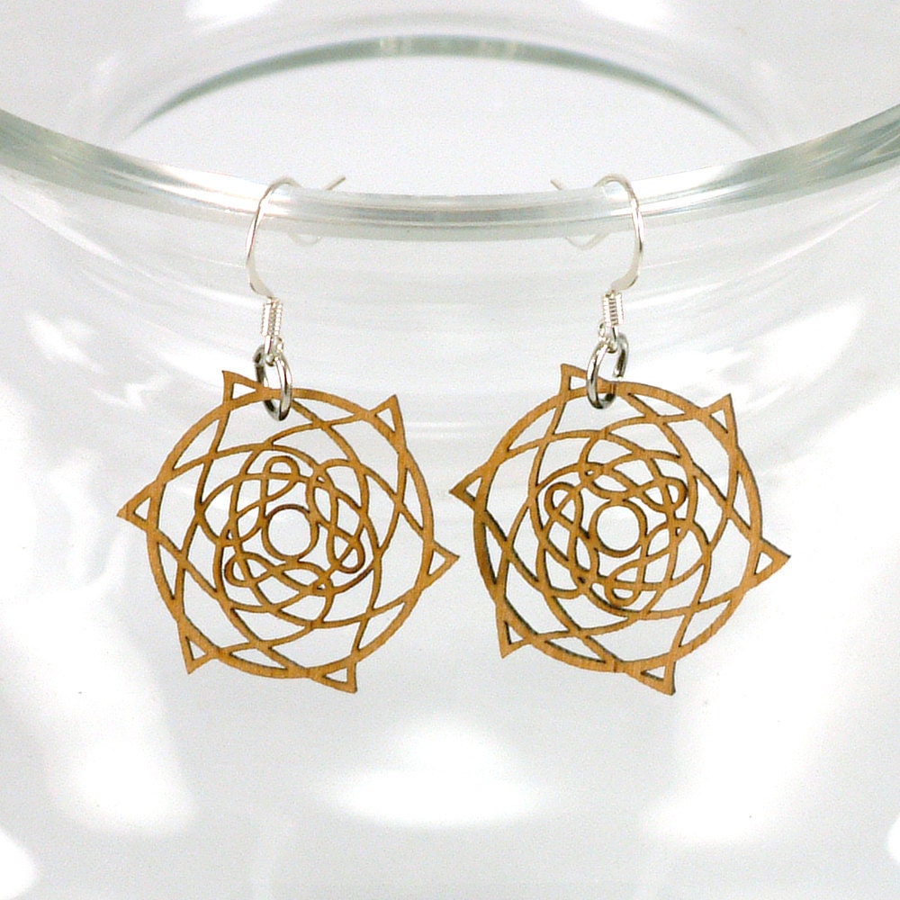 Wood Earrings - Laser Cut - Celtic Star - Natural Wood on Silver