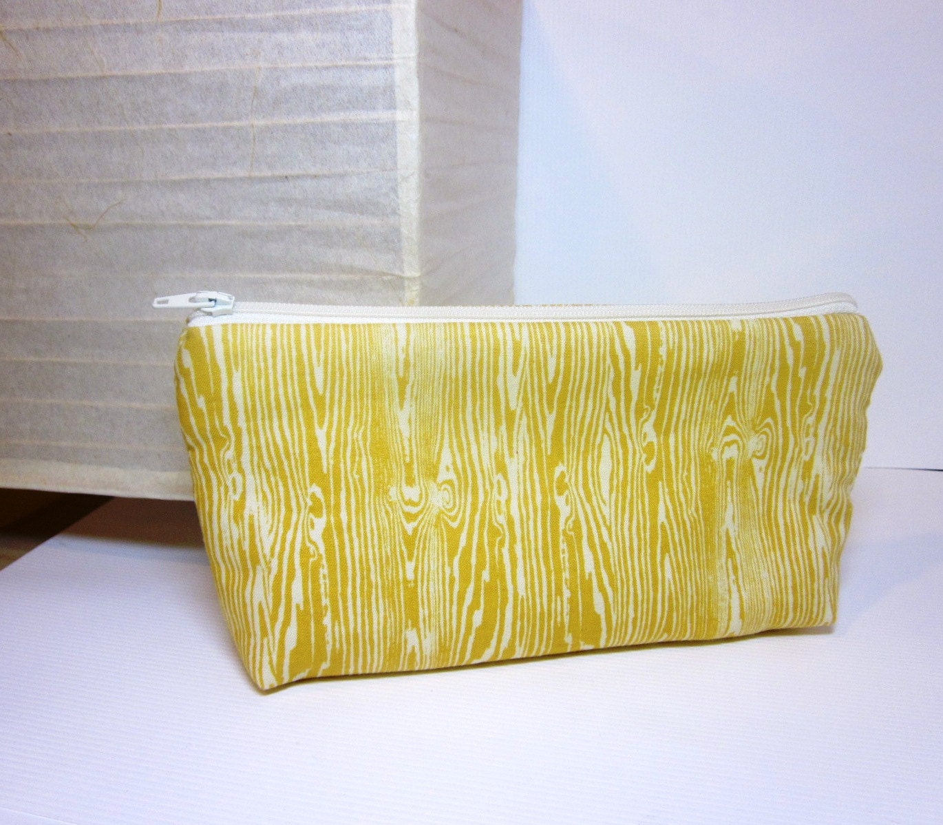 Medium Cotton Cosmetic Pouch - Mustard Wood Grain