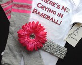 There's No Crying in Baseball Onesie Leg warmer and Headband Flower clip Set Pink and Gray Infant Baby Toddler Sizes Personalized Custom