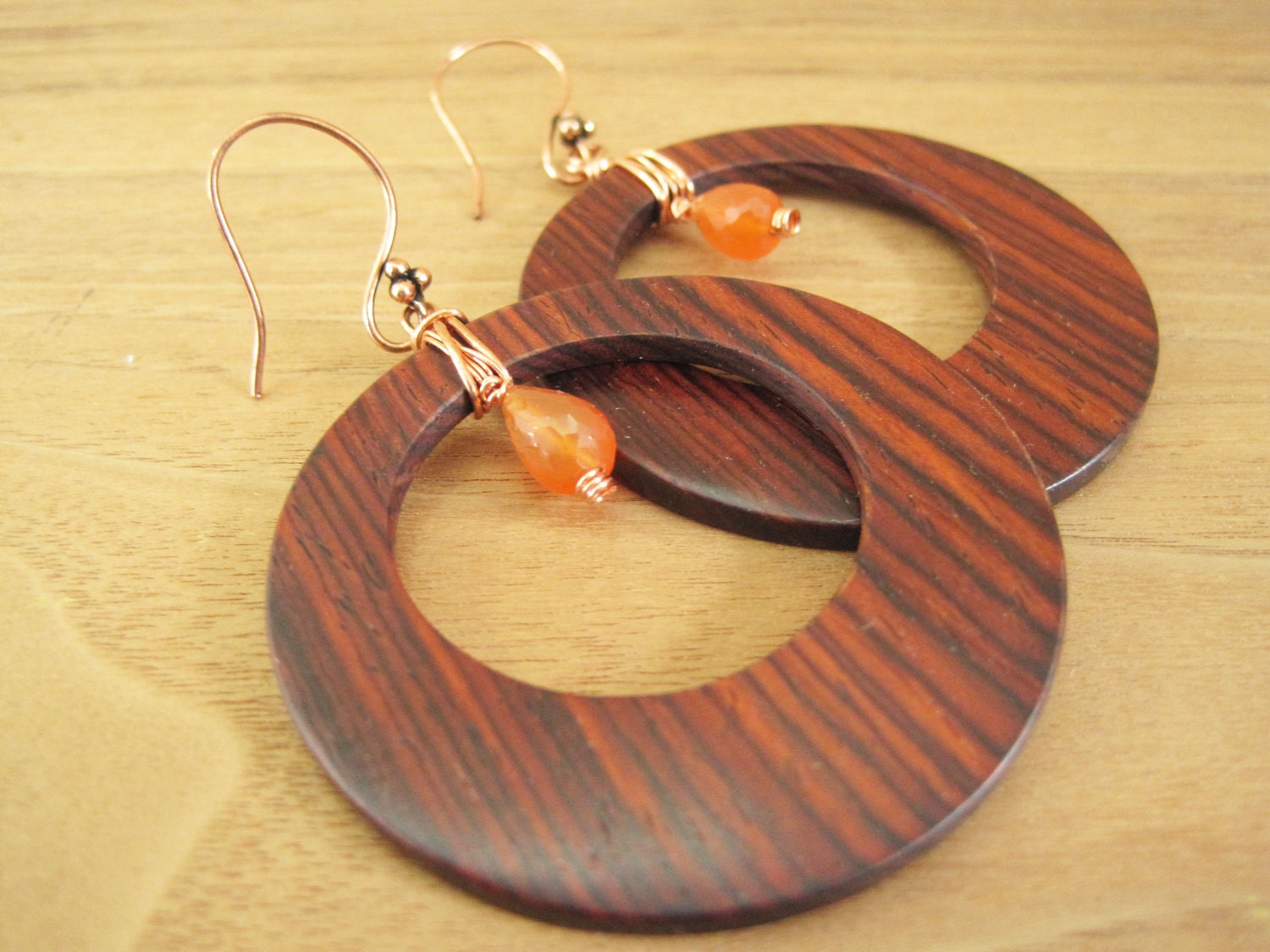 Wood Hoops - Wooden Earrings - Orange -  Exotic - Cocobolo - Large - Stripe - Orange brown - Earthy Jewelry - Dangle - Briolette -  Copper