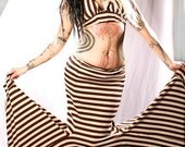 Long Stripe Skirt, Steampunk Mermaid style. Belly Dance shapely flare Ruffle brown cream Carnival Stripes Gothic Pirate