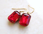 Bridal Earrings Rich Garnet Maroon Red Foiled Octagon Stone Rhinestone Gold Dangle Earrings - Bella EGoldV1 Vintage Inspired Estate Style
