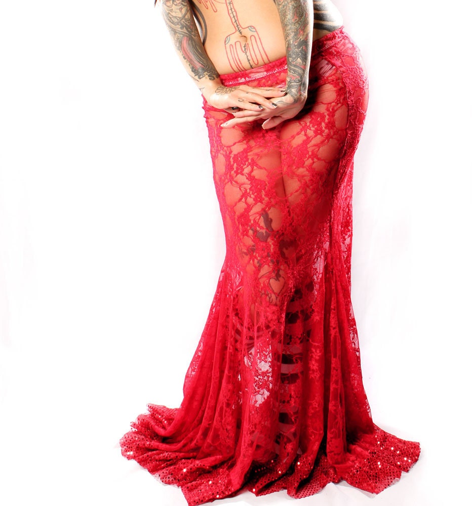 Long Gypsy Skirt, Red Lace Mermaid style. Belly Dance Spin Twirl shapely figure flare Ruffle exotic Scarlet Vampire Gothic