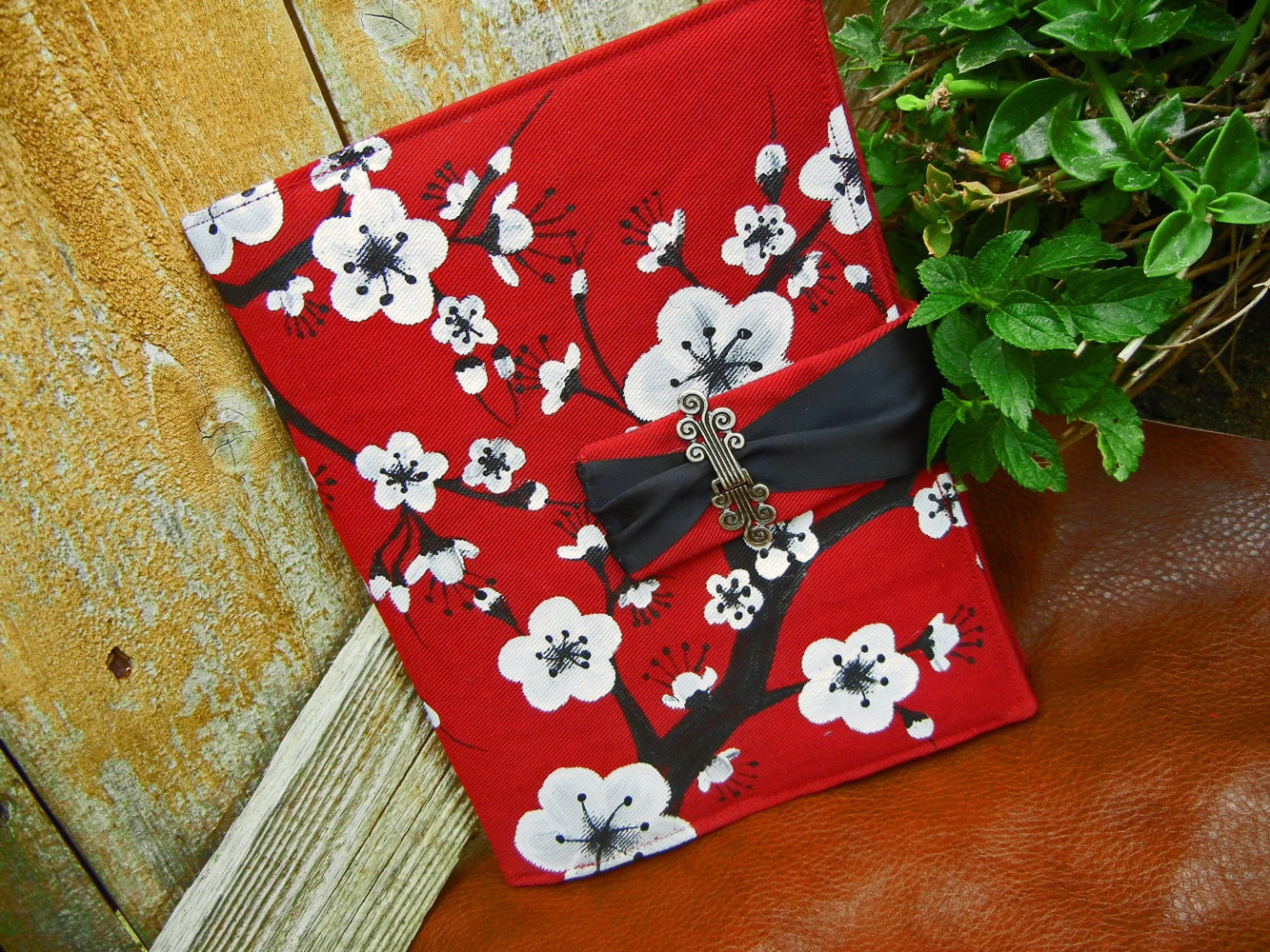 Book Style Cover for Ipad, Xoom or other Tablet Computer with Hand Painted Cherry Blossoms