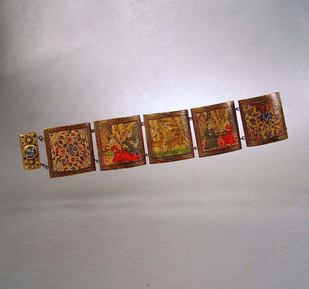 Persian Art Deco Bracelet Bone Ethnic Enamel Flower Animal Lovers Vintage 1930s Jewelry