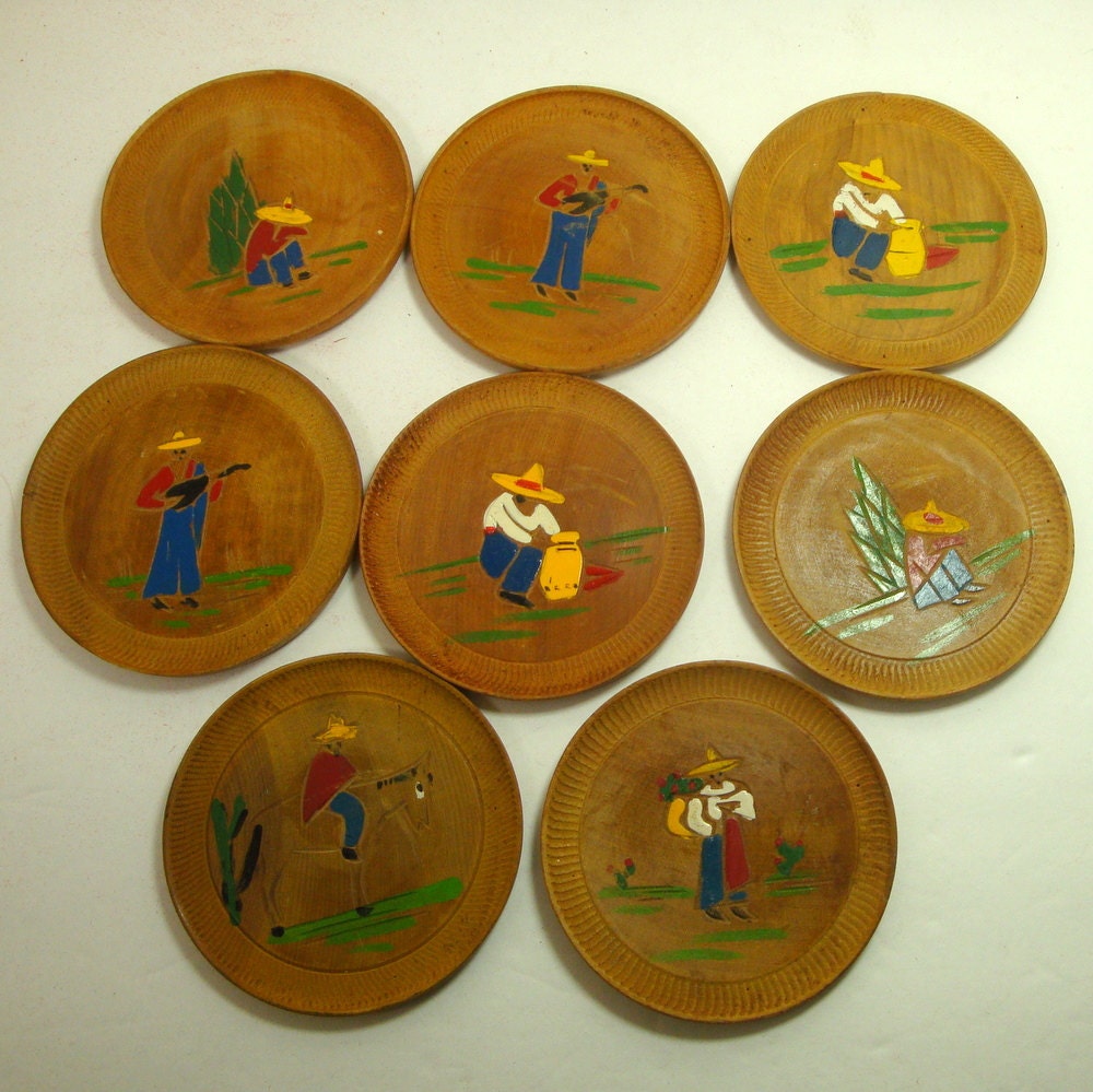 1950s Wood Drink Coasters, Set of 8, Mexican Motif, Made In Japan, Bright Colors on Nicely Aged Wood, Donkey, Sombrero, Ola, Guitar