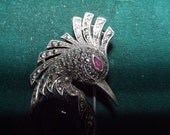 Stunning handmade Art Deco Original Pheasant Bird Brooch Marcasite Ruby eye, onyx
