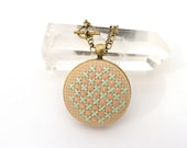 Cross Stitch Embroidery Necklace with Pastel Honeycomb Design Pendant in Mint and Peach on Antique Brass Double Chain - zelmarose