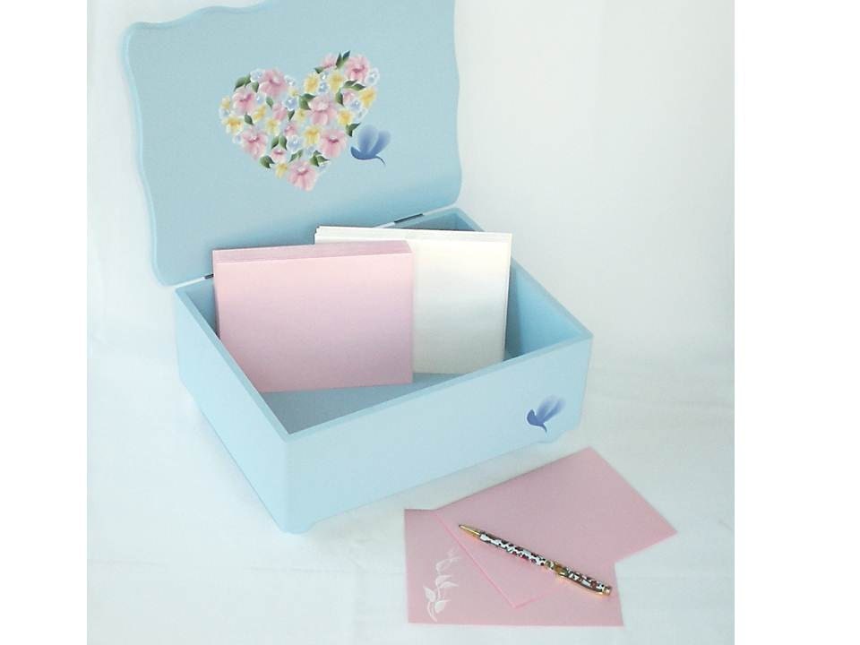 Large Hand Painted Storage Box - Periwinkle Blue with Pastel Daisies in Heart Shape, Butterfly - Nightstand Vanity Dressing Table Custom