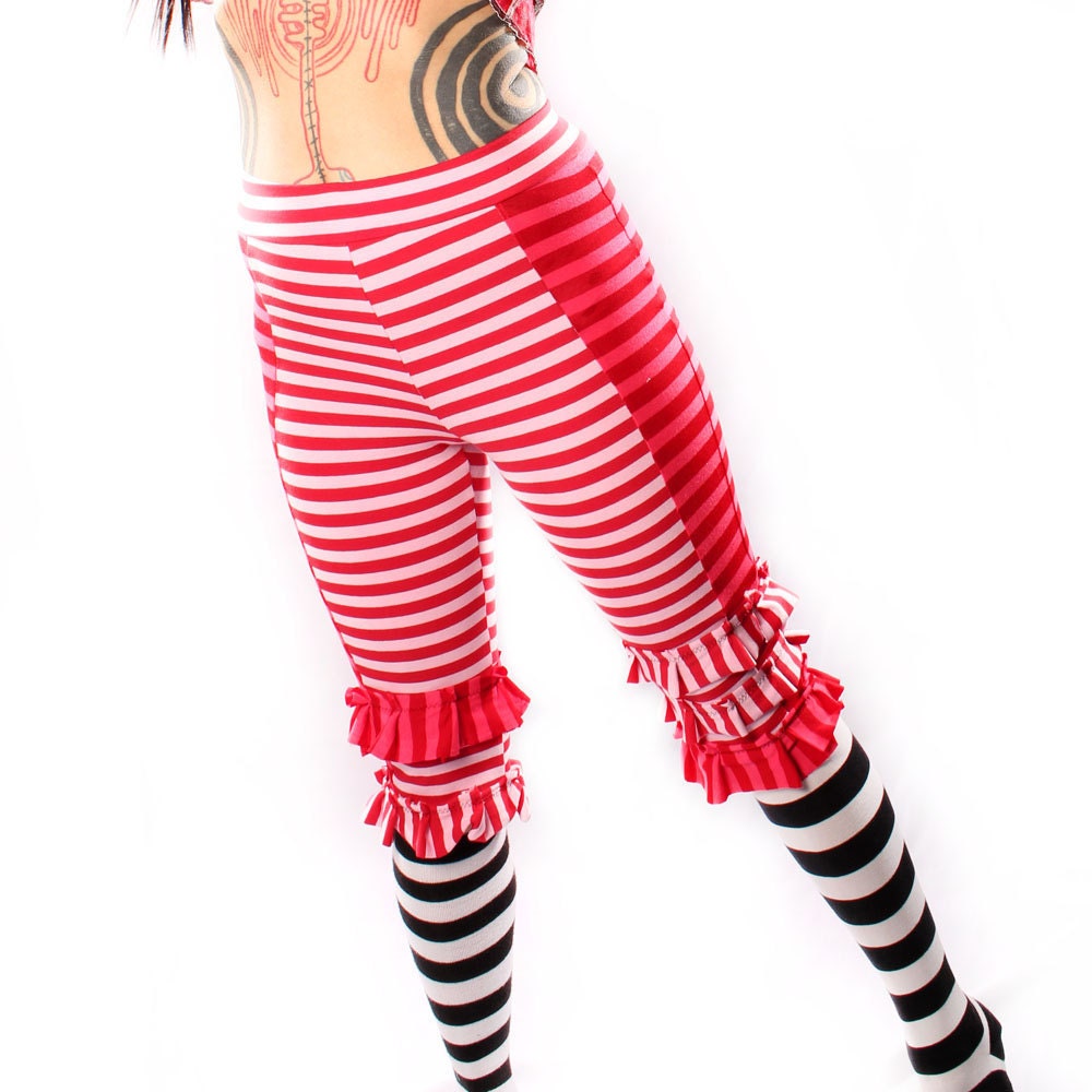 Carnival Knicker Pants,Pink Red Carnival Stripe Bloomer Knee length High Waist ruffles Stretch Cotton Yoga Bike Shorts