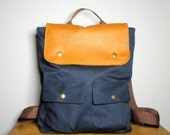 City Backpack in navy Canvas/ Brown Leather, School Bag, Laptop Bag / Made to Order