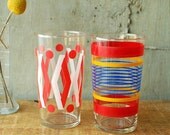 Pair of Vintage Juice Glasses - Red, Yellow, Blue, White Retro Colors