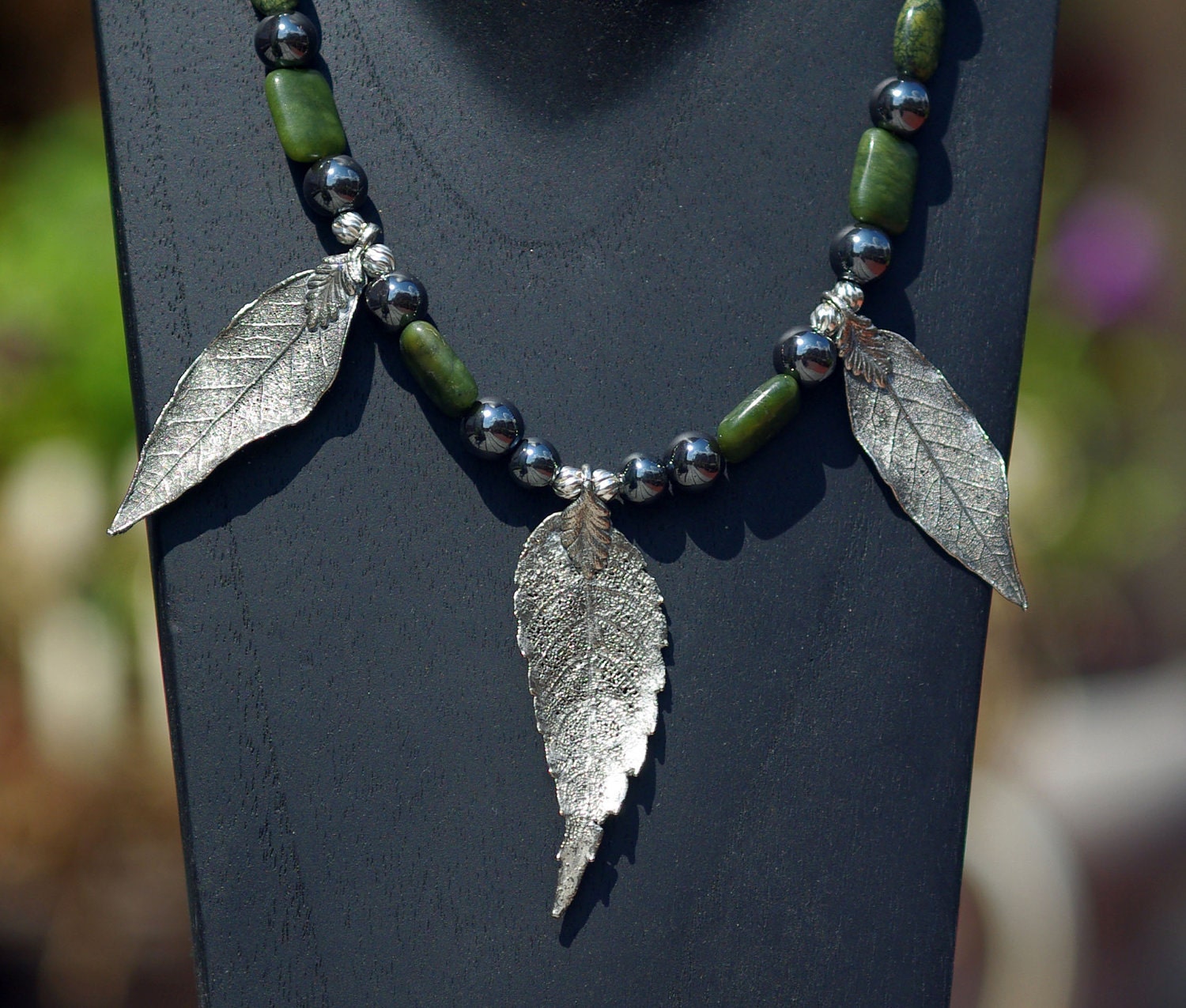 Beaded Tribal  Statement Necklace with Electroform Sterling Leaves and Hematite and Jade Beads