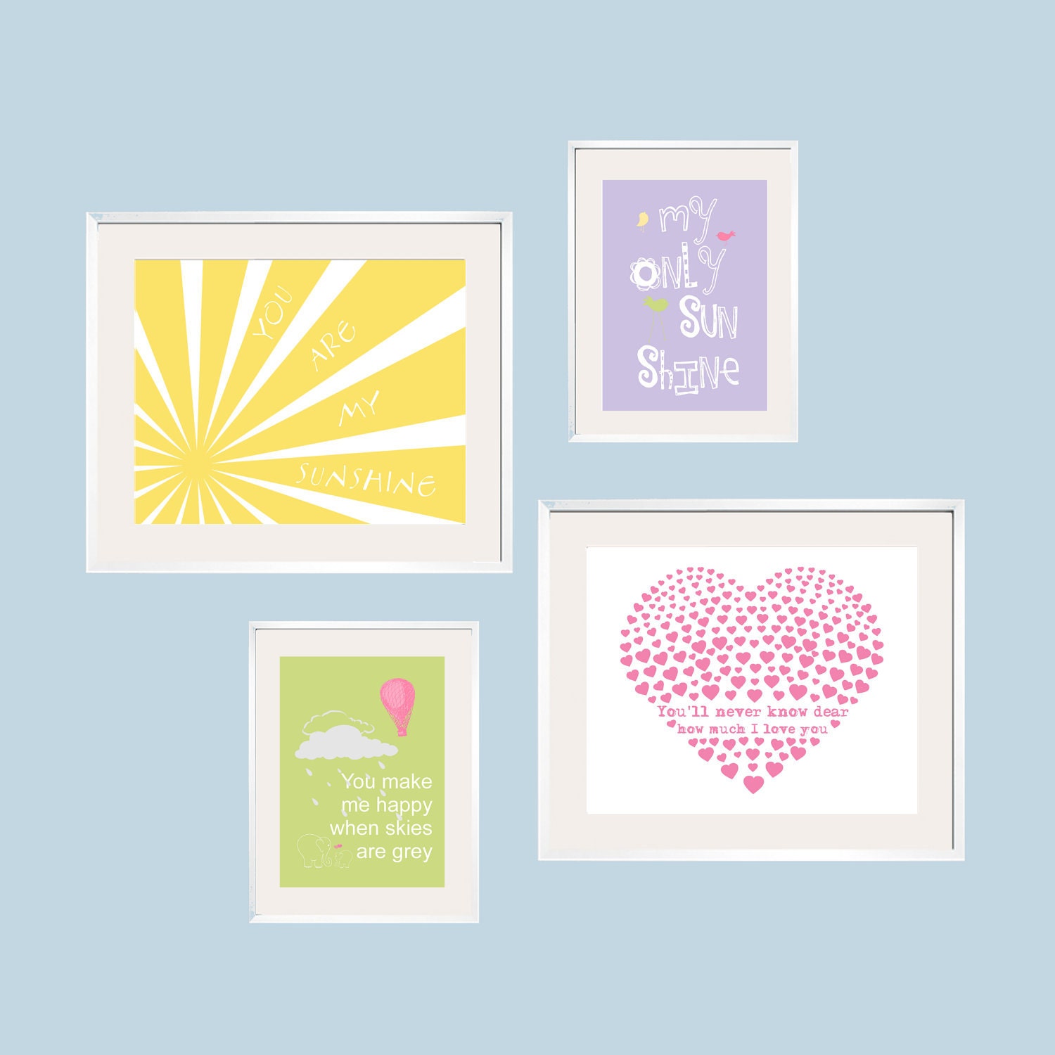 You Are My Sunshine Print set in purple, pink, green and yellow 4 pc  8x10 and 5x7 by YassisPlace FREE SHIPPING