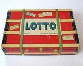 1930 Vintage MB Lotto Game in Red,Yellow Suitcase Box with Loads of Wooden Pieces and Cards
