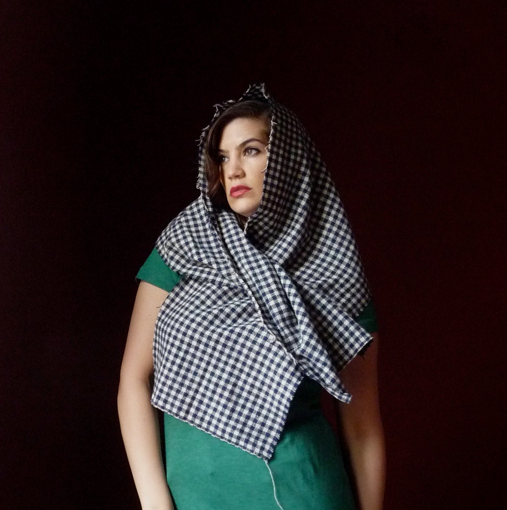 Plaid Winter Scarf in Navy Blue and Wool