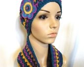 Unique crochet hat and cowl / scarf  with co-ordinating 70S inspired felt button brooch with freeform embroidery
