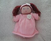 Hand Knit Girl Baby Doll Strawberry Red Hair with Pigtails and Dress/Diaper/Headband with Flowers Knitted Soft