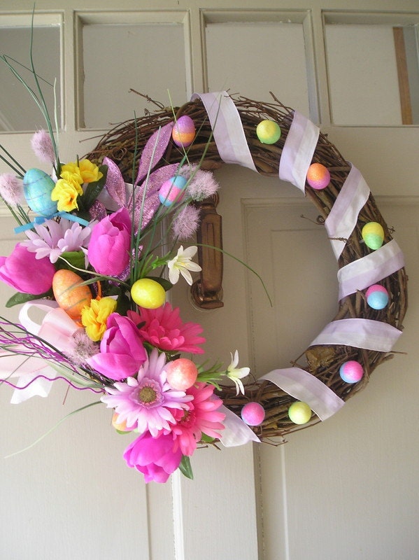 Easter Egg Wreath with Purple and Pink Flowers and Sparkly Picks 18 inches