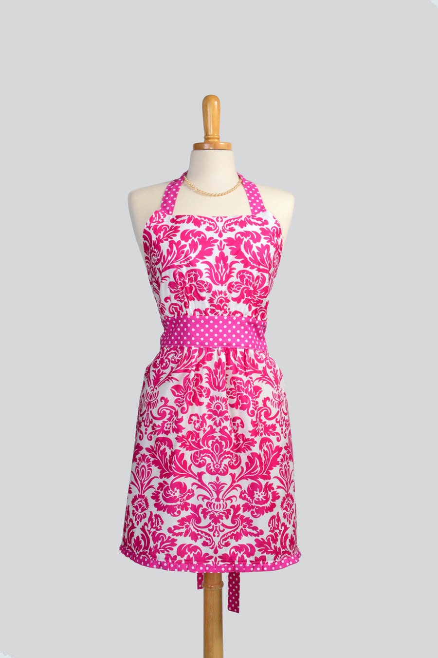 Retro Womens Bib Apron . Large Floral Paisley Damask in Fuchsia and White from the Free Spirit Queen Street Collection by Jennifer Paganelli