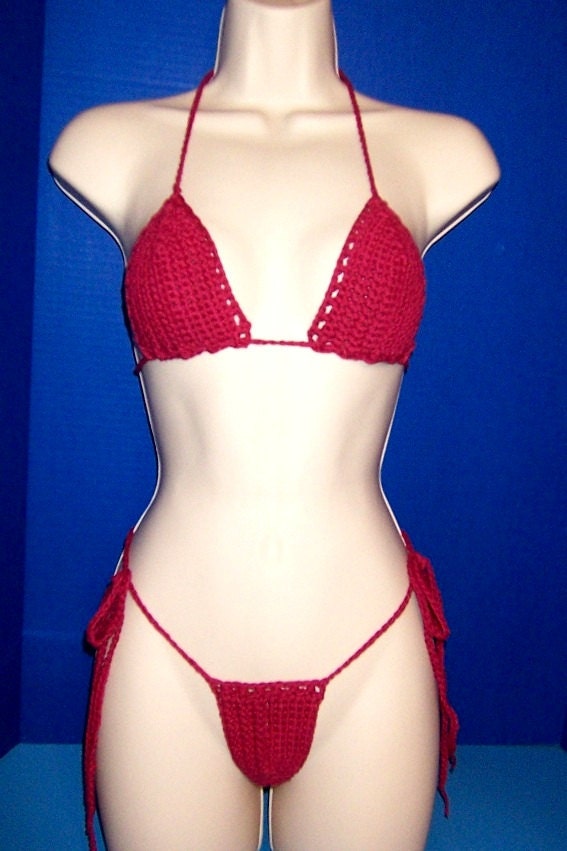 Crochet Burgundy Red Sexy Micro Thong G-String Bikini