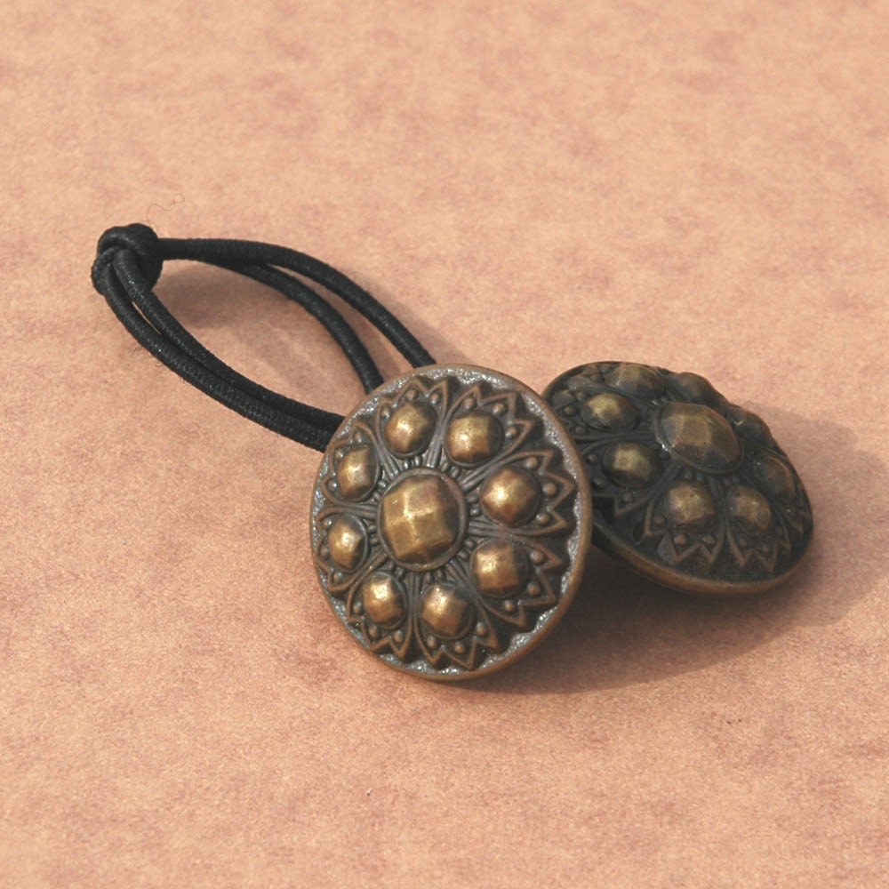 Ponytail Holder Hair Accessory - Vintage Brass Button, Doublet