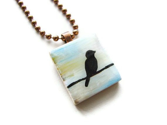 Bird on a Wire Scrabble Tile Necklace Hand Painted - heversonart