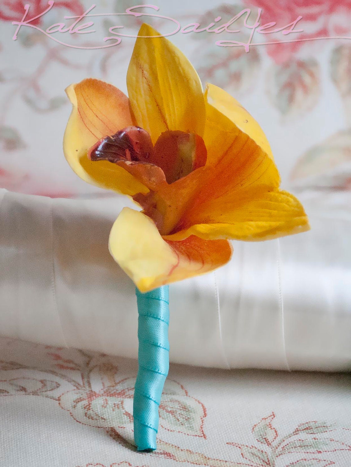 Tangerine and Aqua Orchid Silk Boutonniere