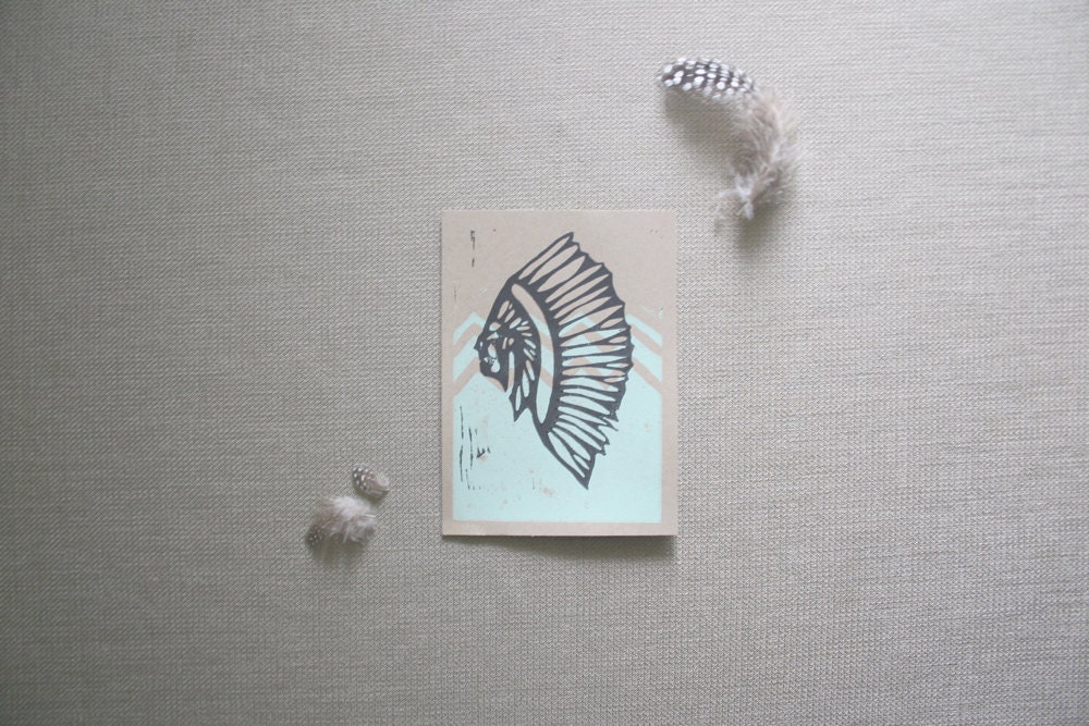 3 Indian Chief Note Cards - Aqua