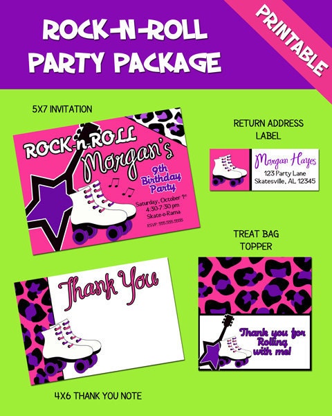 Rock N Roller Skating Birthday Party Invitation- Printable Package with thank you note & more