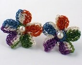 Crochet Earrings Flower Stud Earrings Hypoallergenic Dark Orange Indigo Purple Ecru Green