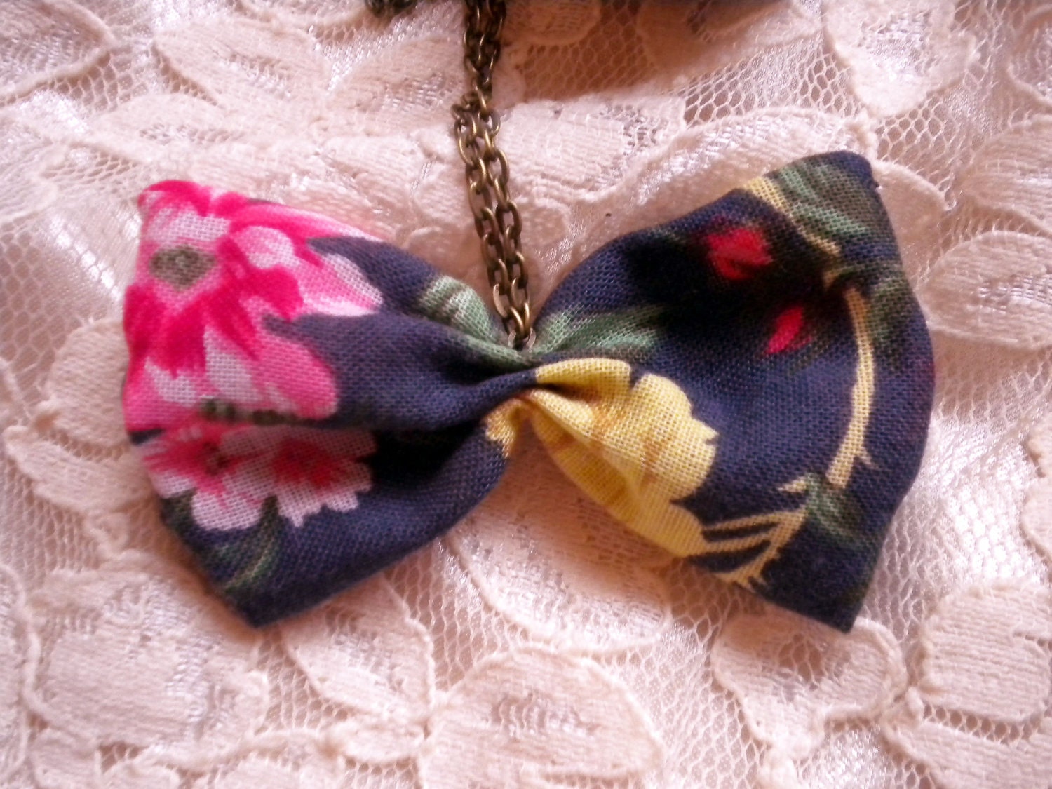 Bow tie necklace - in floral print fabric bow pendant with chain
