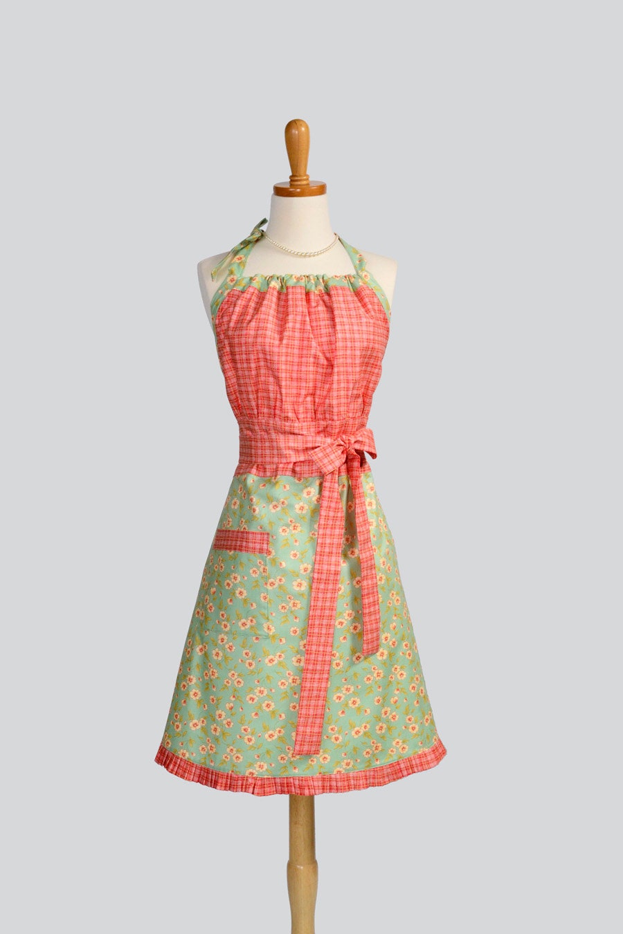 Cute Kitsch Apron / Whimsy from Moda Create Cute Orange Plaid Bodice and Teal with Petite Flower Skirt