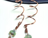 Long Twirly Whirl Copper Earrings with Green Opal Beads