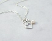Dainty Sterling Silver Heart Necklace with Freshwater Pearl, simple, everyday jewelry
